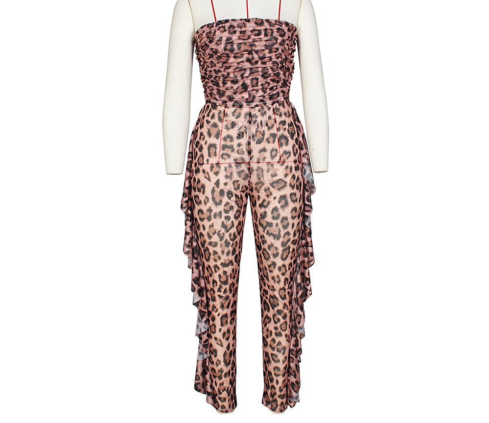 Leopard Mesh Frill Jumpsuit