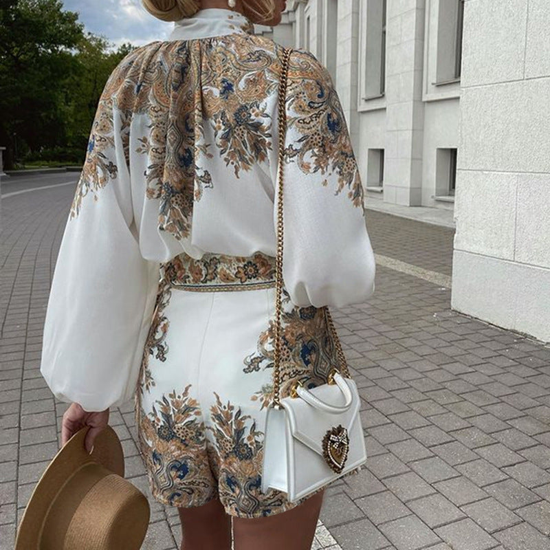 Baroque Print Long Sleeve Top And Shorts Set