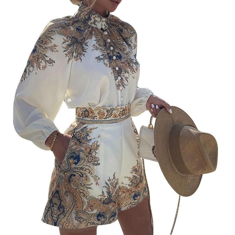 Baroque Print Long Sleeve Top And Shorts Set