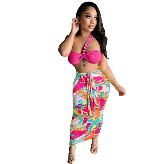 One Shoulder Rose Polyester Top and Skirt Set