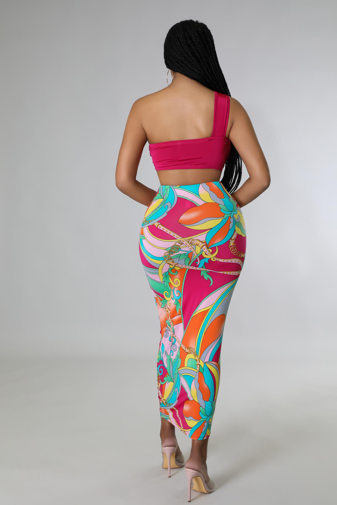 One Shoulder Rose Polyester Top and Skirt Set
