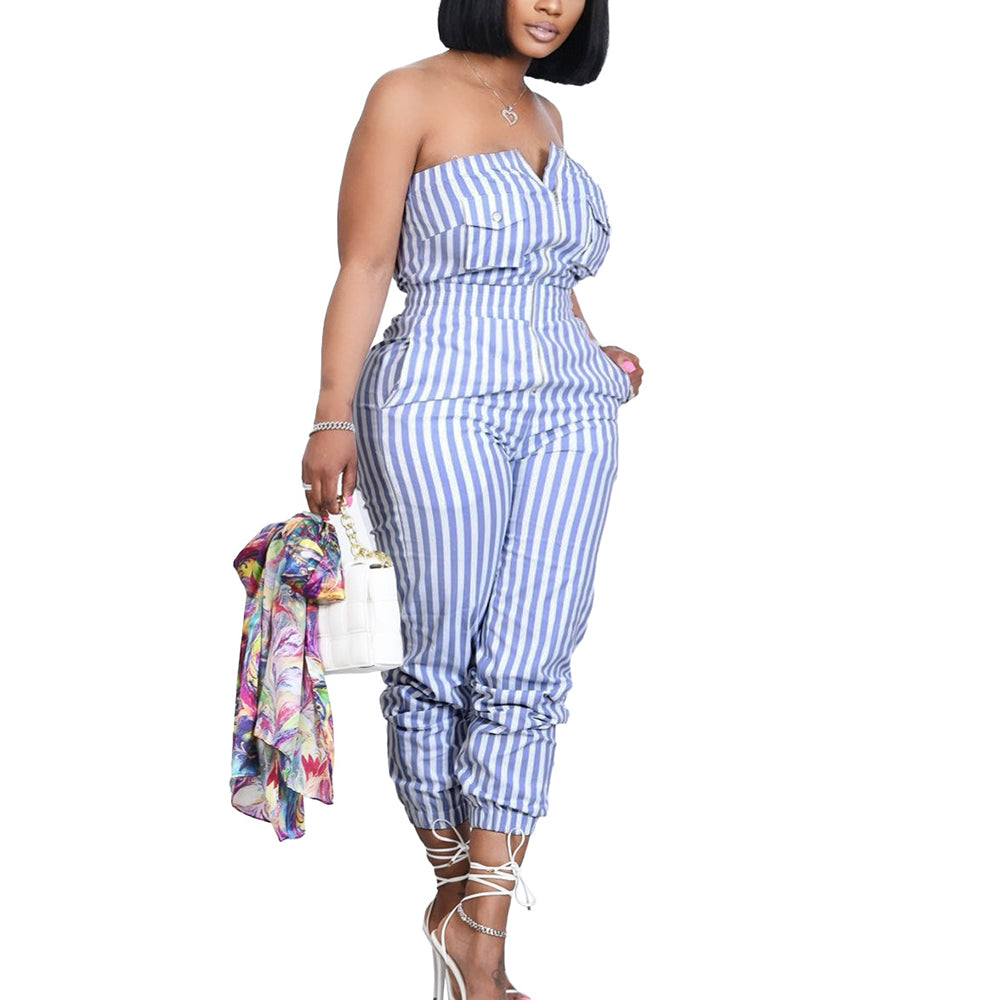 Chic Striped Zipper Jumpsuit