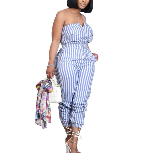 Chic Striped Zipper Jumpsuit