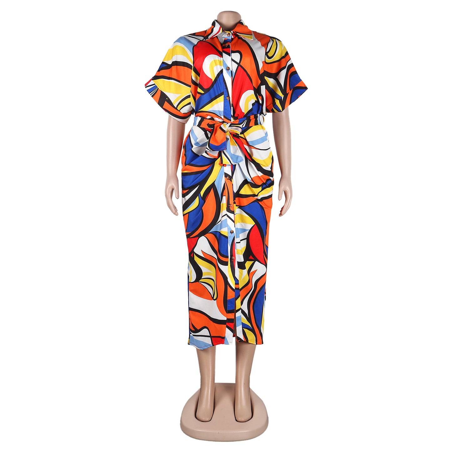 Abstract Ruched Button Up Shirt Dress