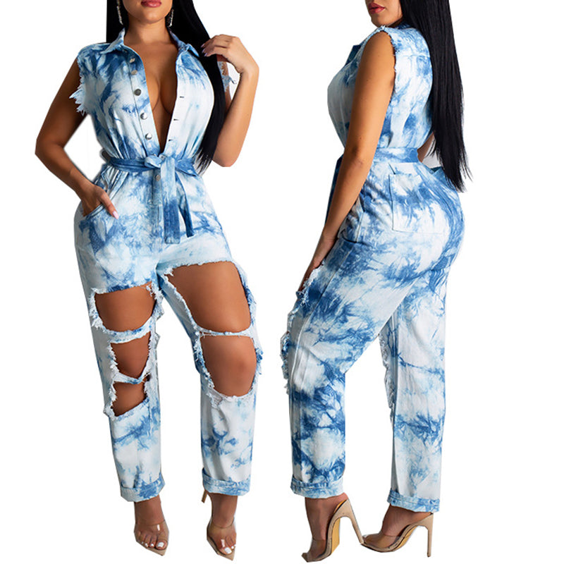 Tie Dye Denim Cut Out Jumpsuit