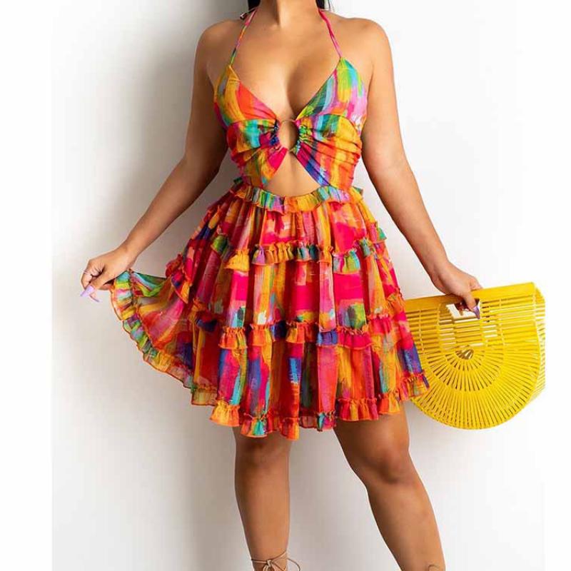 Printed Halter Back Frill Dress