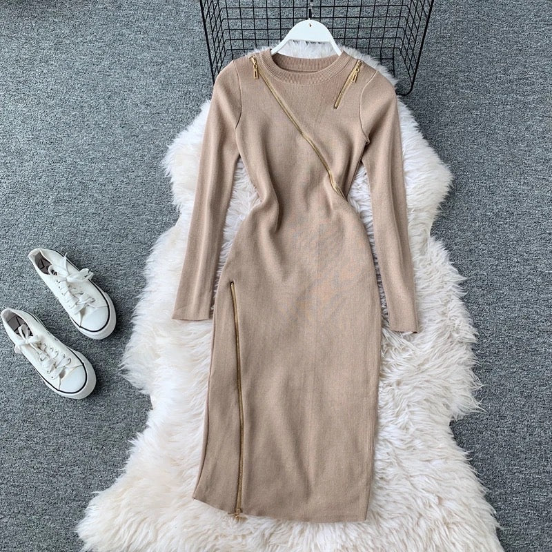 Knitted Zipper Long Sleeve Dress